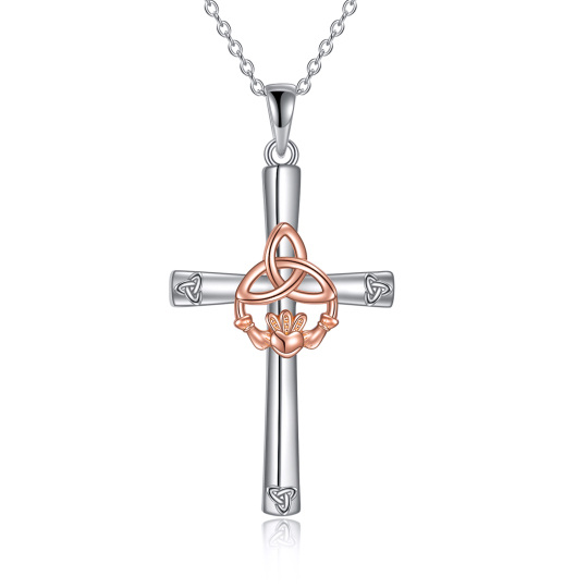 Sterling Silver Two-tone Celtic Knot & Claddagh & Cross Pendant Necklace