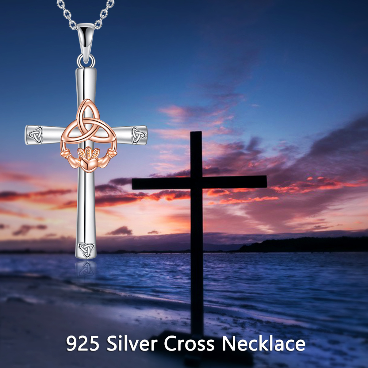 Collier en argent sterling avec pendentif nœud celtique, claddagh et croix bicolores-6