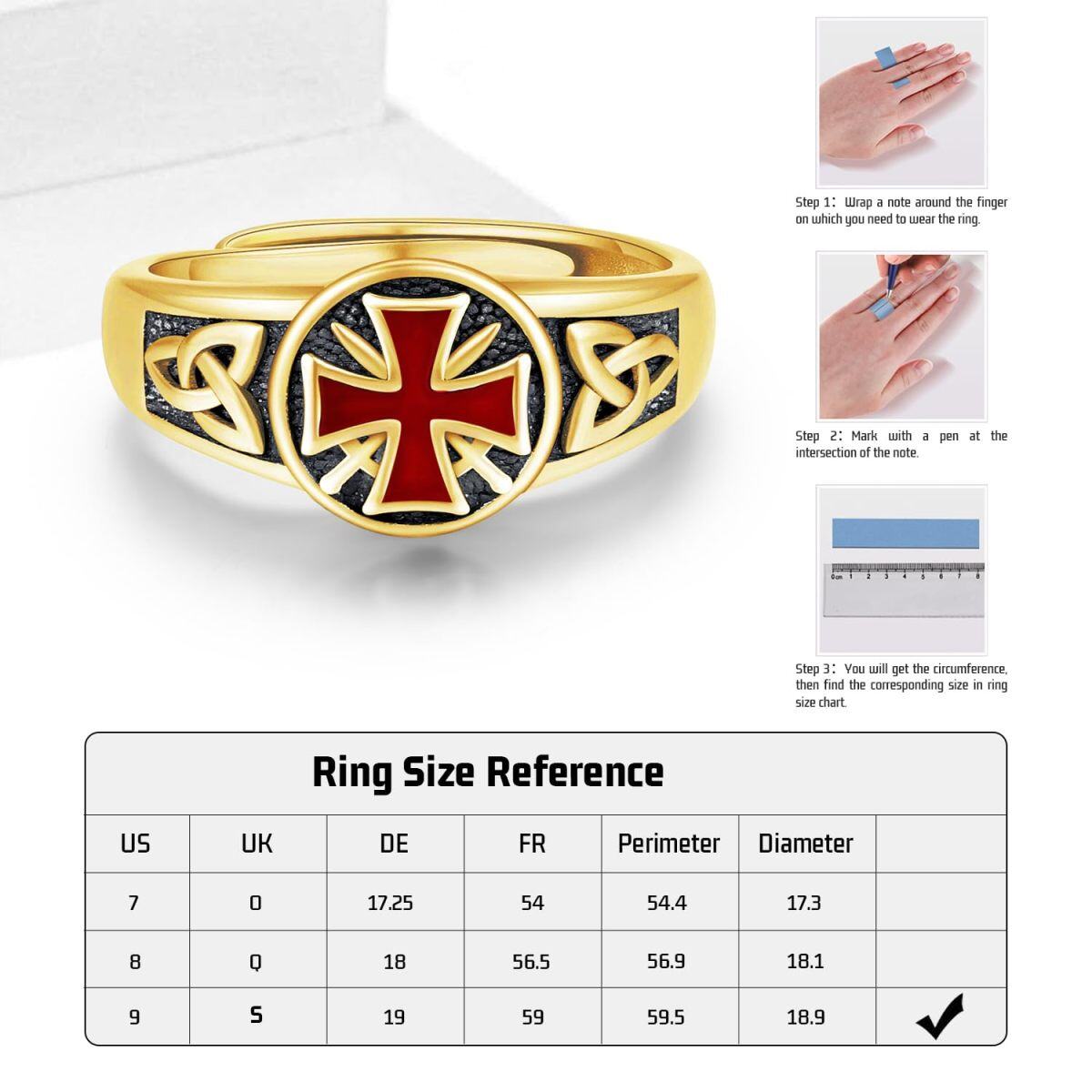 Zweifarbiger offener Ring aus Sterlingsilber mit keltischem Knoten und Kreuz der Tempelritter für Männer-6