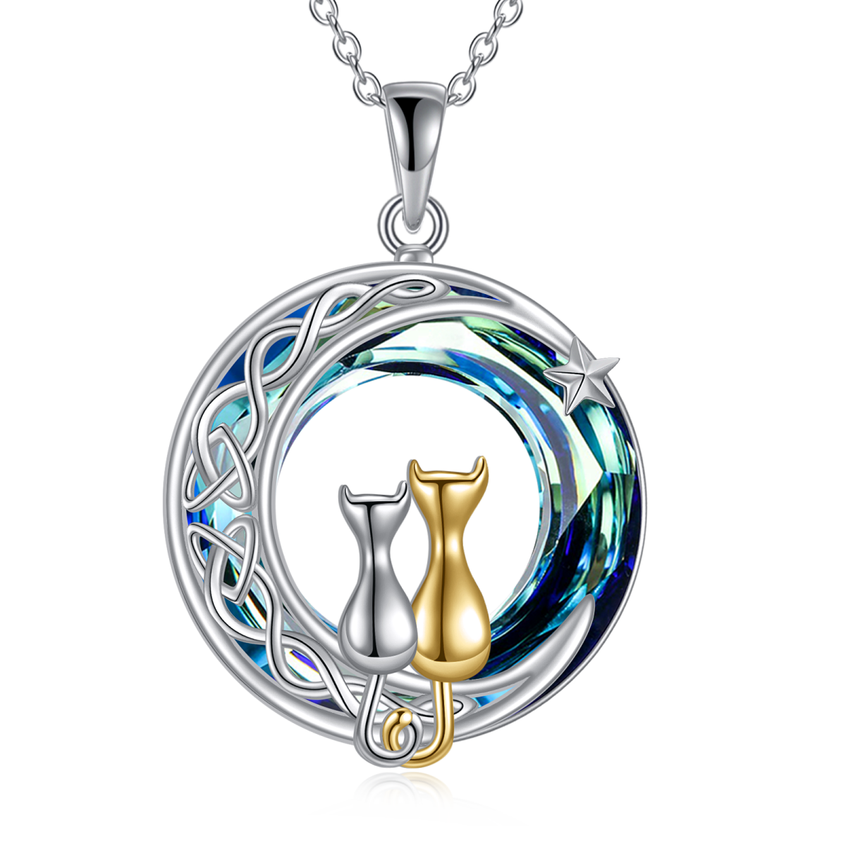 Sterling Silver Two-tone Celtic Knot & Moon Crystal Pendant Necklace-1