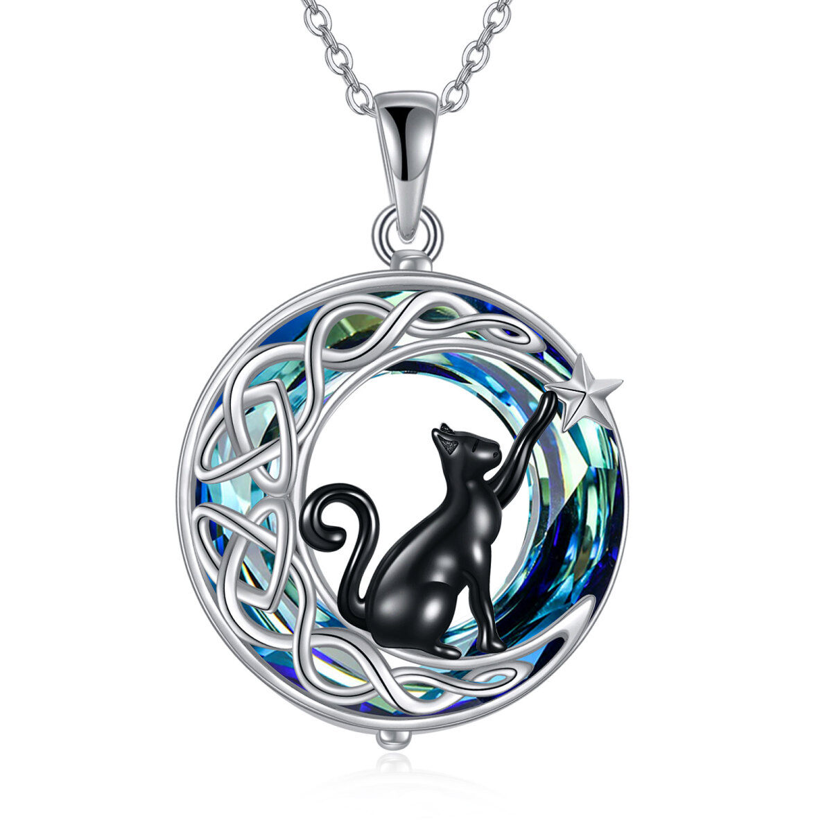 Sterling Silver Two-tone Celtic Knot & Moon Crystal Pendant Necklace-1