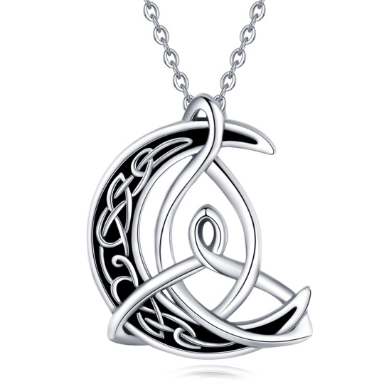 Sterling Silver Two-tone Celtic Knot & Moon Pendant Necklace