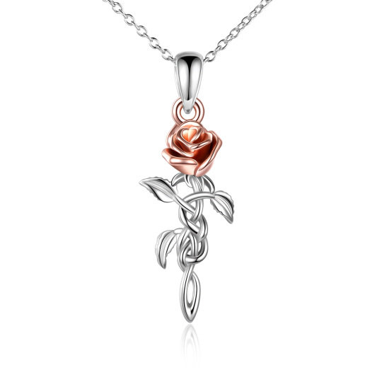 Collana con ciondolo a forma di ramo di rosa con nodo celtico bicolore in argento sterling