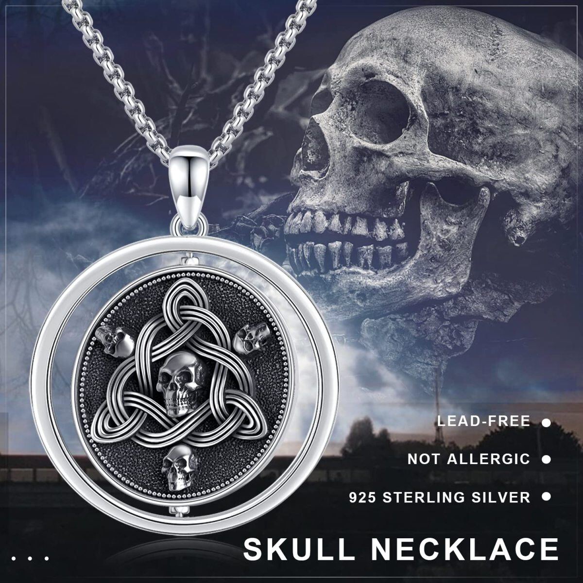 Collar de plata de ley con nudo celta y calavera en dos tonos para hombre-7