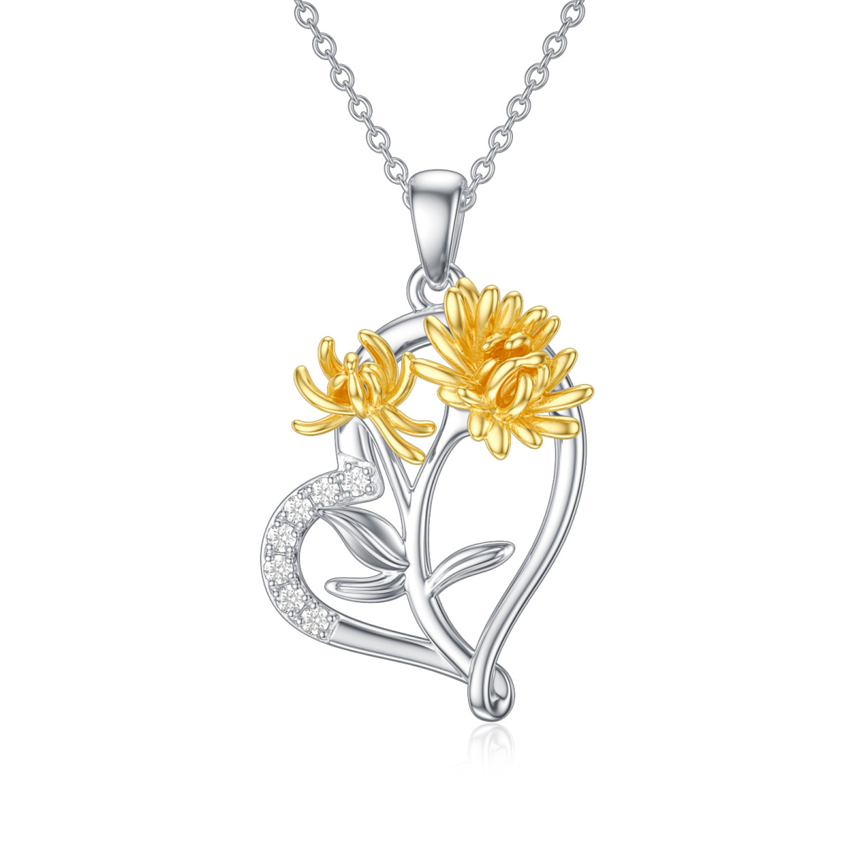 Sterling Silver Two-tone Cubic Zirconia Chrysanthemum & Heart Pendant Necklace-1