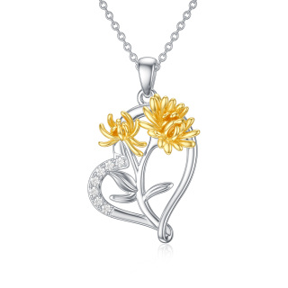 Sterling Silver Two-tone Cubic Zirconia Chrysanthemum & Heart Pendant Necklace-9