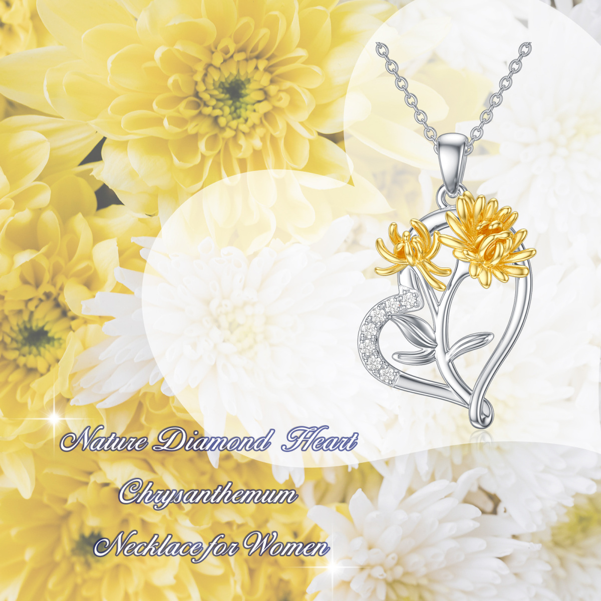 Sterling Silver Two-tone Cubic Zirconia Chrysanthemum & Heart Pendant Necklace-6