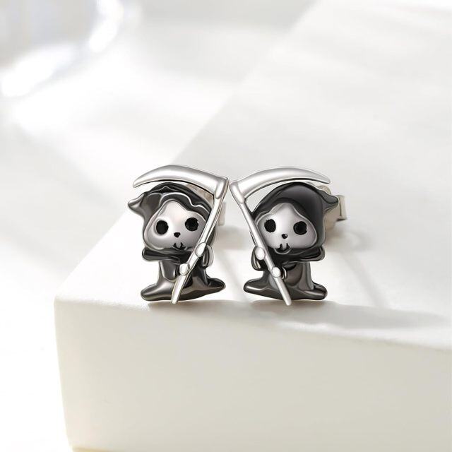 Sterling Silver Two-tone Circular Cubic Zirconia Grim Reaper Stud Earrings-3