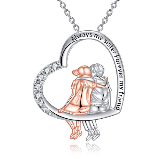 Sterling Silver Two-tone Circular Cubic Zirconia Heart Pendant Necklace with Engraved Word