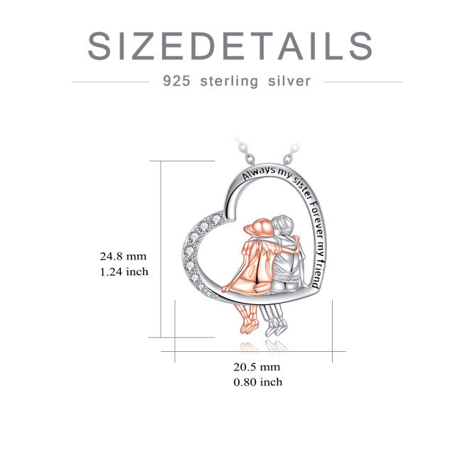 Sterling Zilveren Tweekleurige Ronde Kubieke Zirkonia Hart Hanger Ketting met Gegraveerd Woord-5