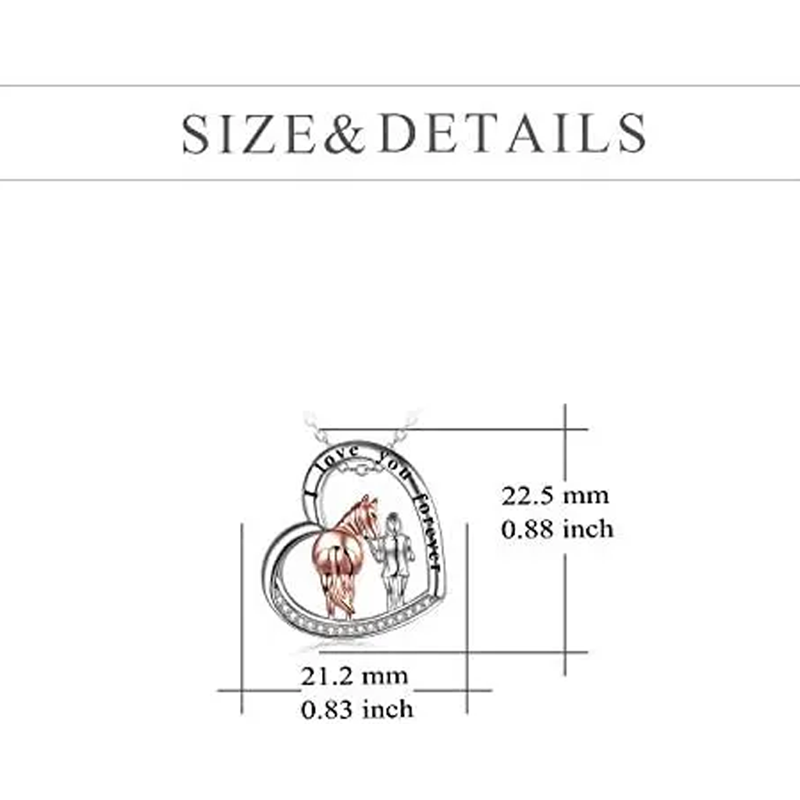 Colar gravado em prata esterlina com zircônia cúbica circular de dois tons e coração de cavalo para mulheres-5