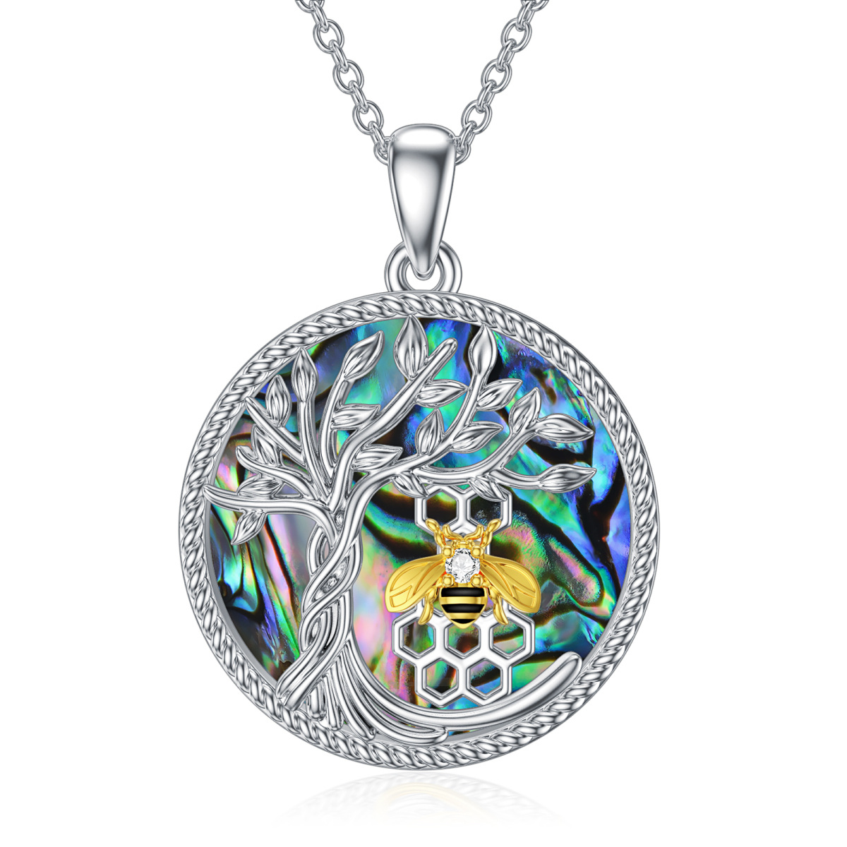 Collar con colgante de árbol de la vida en forma de abeja y concha de abulón en forma circular de dos tonos en plata de ley-1