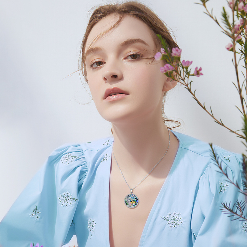 Colar com pingente de árvore da vida em formato circular de abalone e marisco de prata esterlina-2