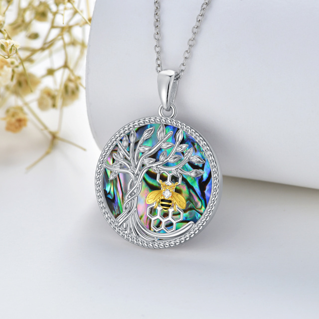 Sterling Silver Two-tone Circular Shaped Abalone Shellfish Bee & Tree Of Life Pendant Necklace-3