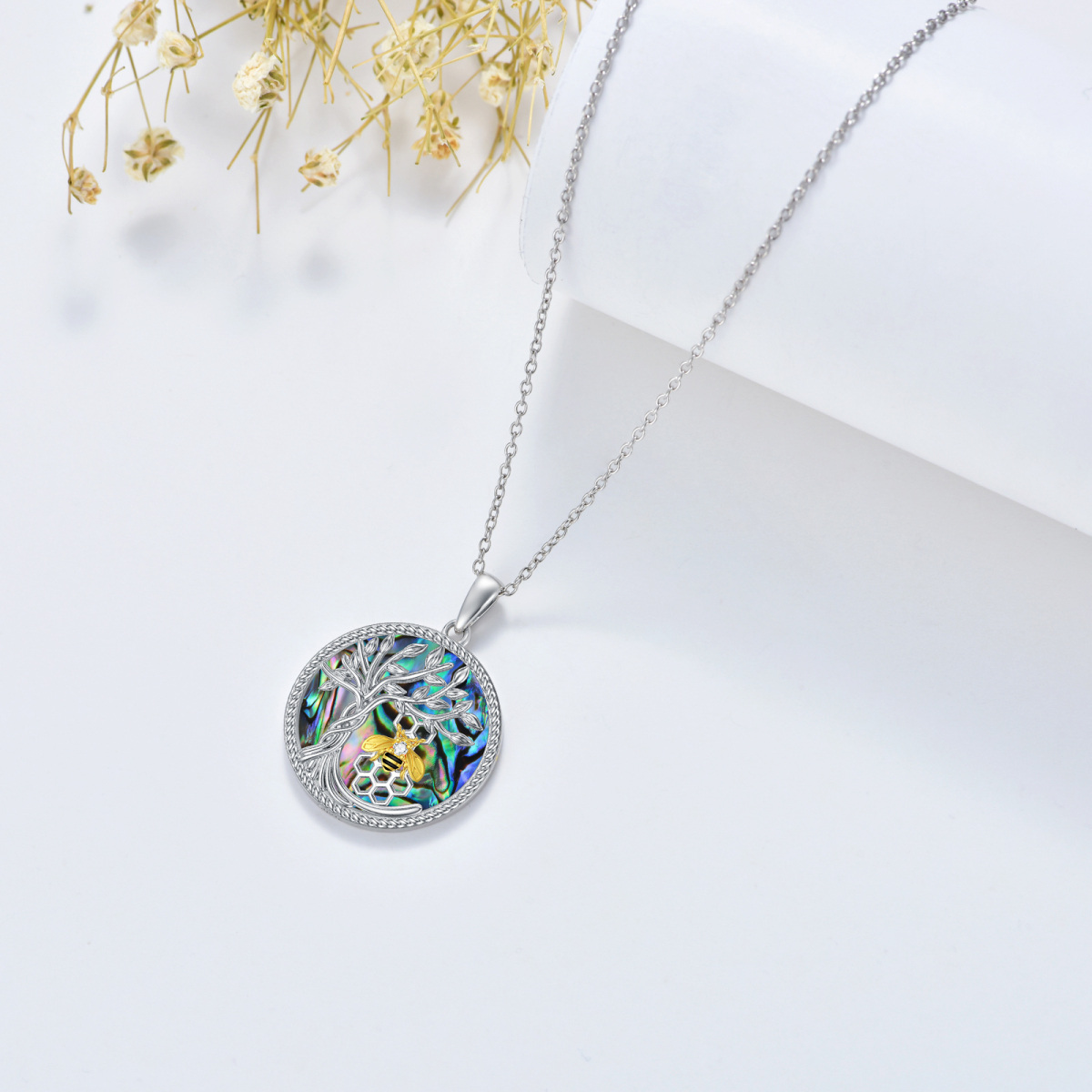 Sterling Silver Two-tone Circular Shaped Abalone Shellfish Bee & Tree Of Life Pendant Necklace-4