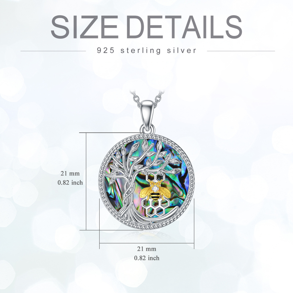 Sterling Silver Two-tone Circular Shaped Abalone Shellfish Bee & Tree Of Life Pendant Necklace-5