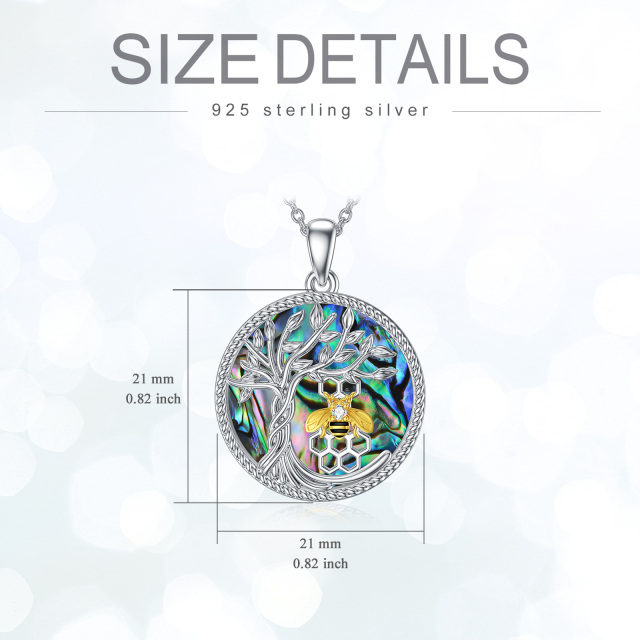 Sterling Silver Two-tone Circular Shaped Abalone Shellfish Bee & Tree Of Life Pendant Necklace-5