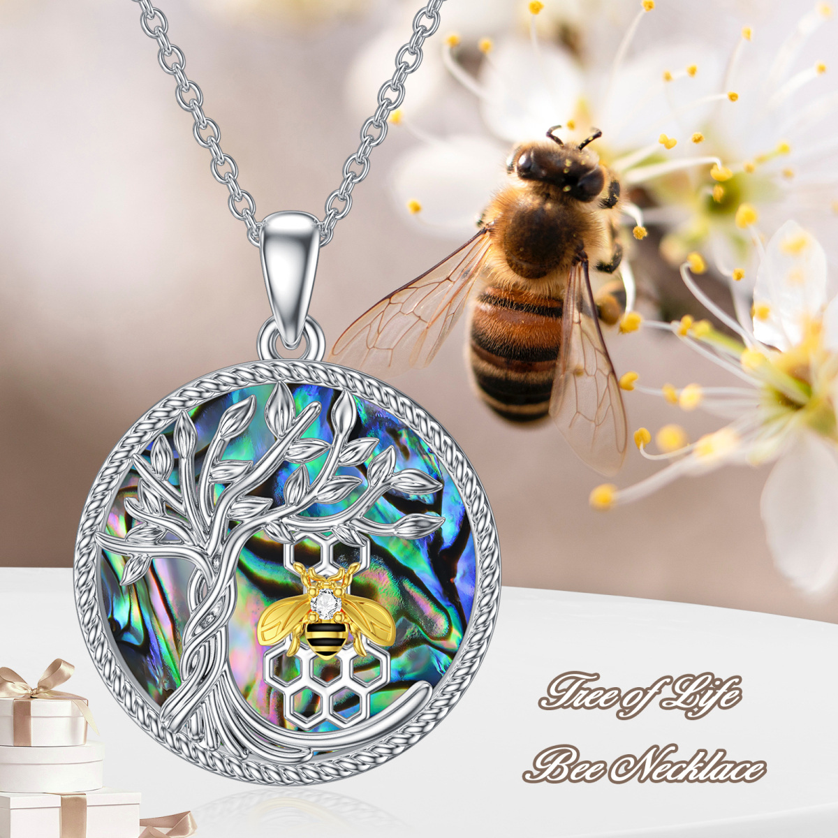 Sterling Silver Two-tone Circular Shaped Abalone Shellfish Bee & Tree Of Life Pendant Necklace-6