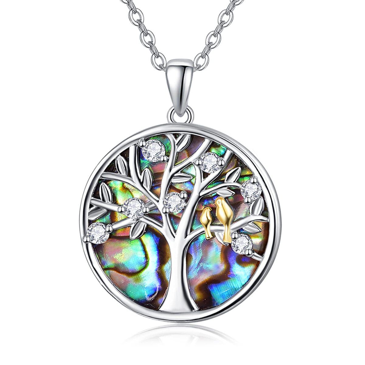 Sterling Silver Two-tone Circular Shaped Abalone Shellfish Bird & Tree Of Life Pendant Necklace-1