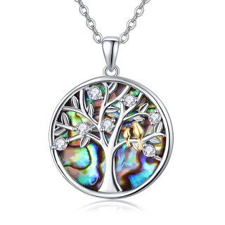 Sterling Silver Two-tone Circular Shaped Abalone Shellfish Bird & Tree Of Life Pendant Necklace-20