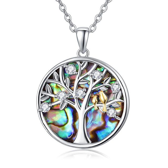 Sterling Silver Two-tone Circular Shaped Abalone Shellfish Bird & Tree Of Life Pendant Necklace-2