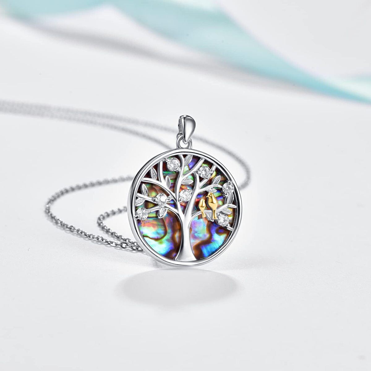 Sterling Silver Two-tone Circular Shaped Abalone Shellfish Bird & Tree Of Life Pendant Necklace-3