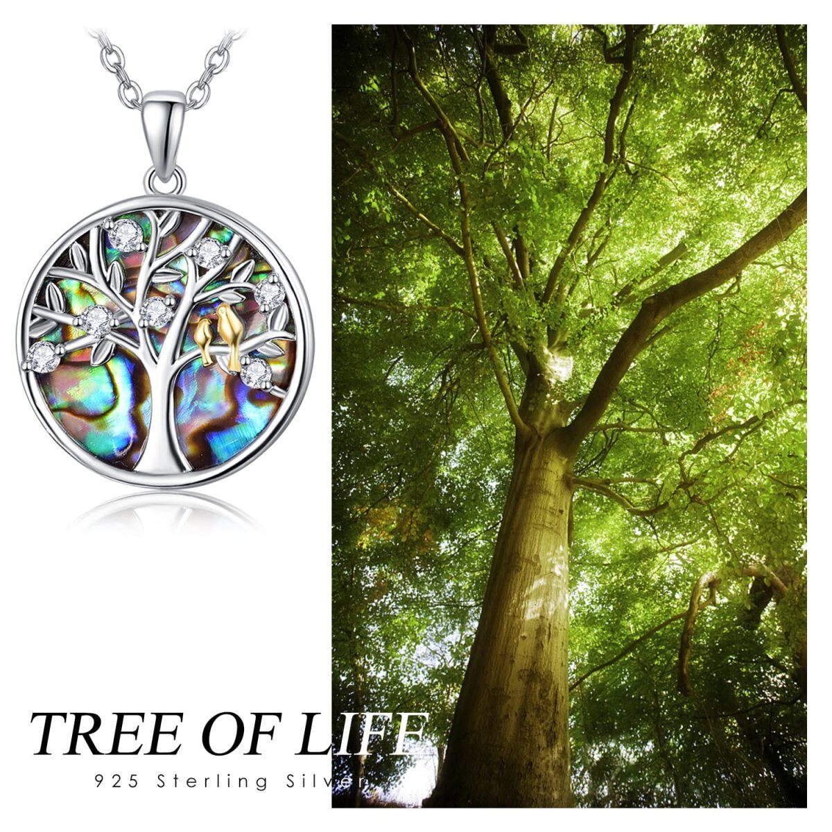 Sterling Silver Two-tone Circular Shaped Abalone Shellfish Bird & Tree Of Life Pendant Necklace-4