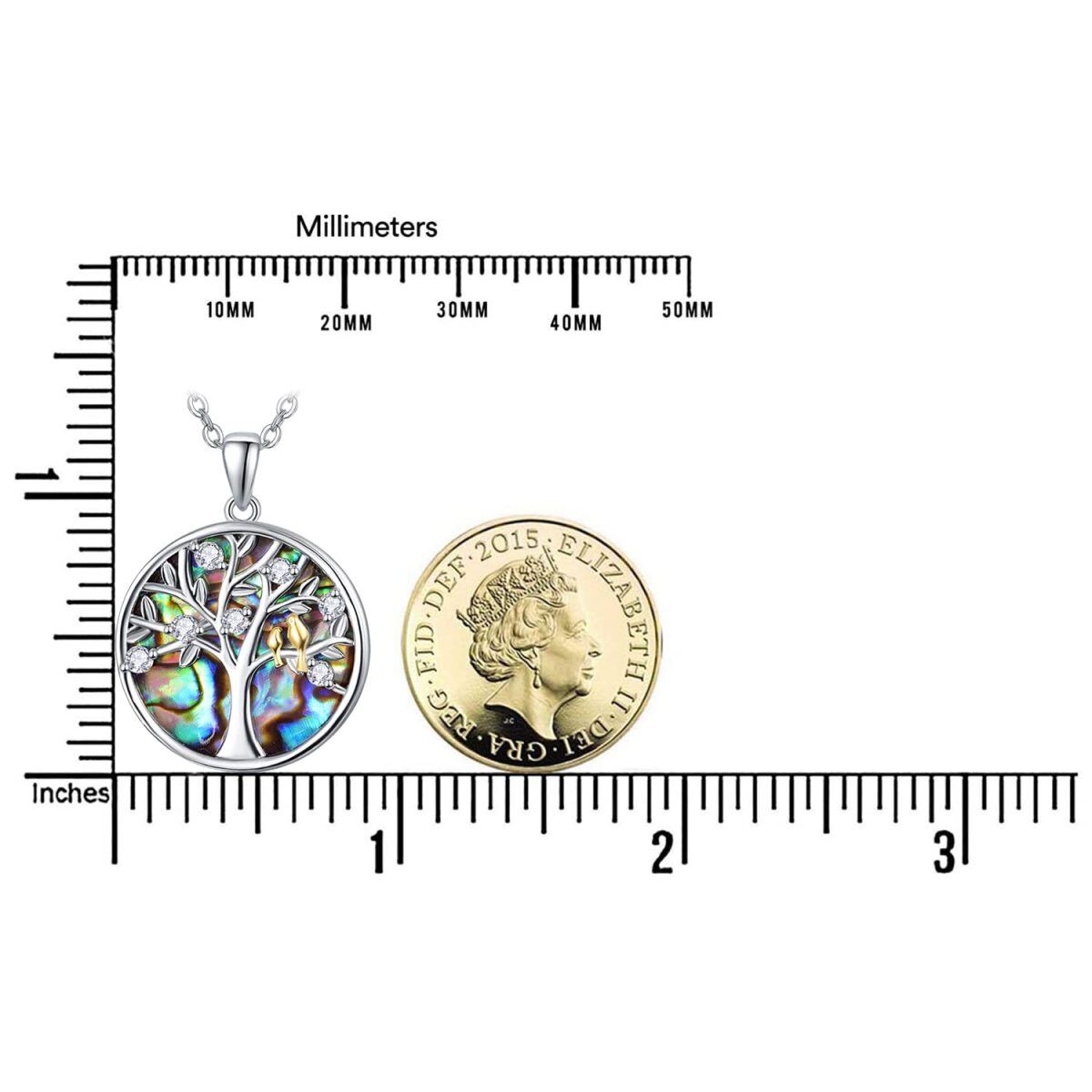 Sterling Silver Two-tone Circular Shaped Abalone Shellfish Bird & Tree Of Life Pendant Necklace-5