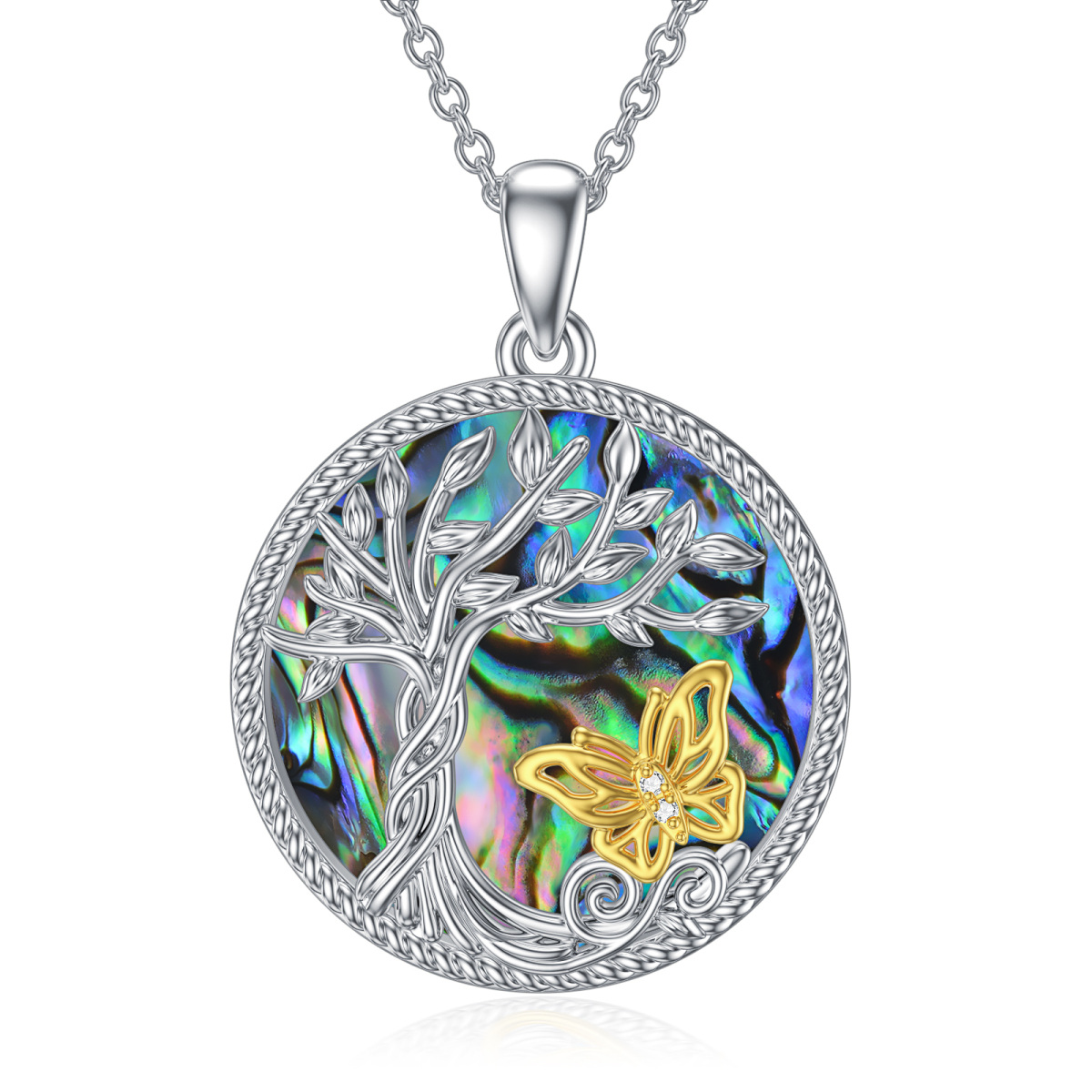 Sterling Silver Two-tone Circular Shaped Abalone Shellfish Butterfly & Tree Of Life Pendant Necklace-1