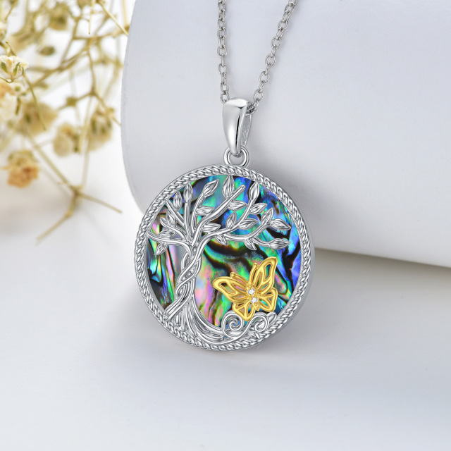 Sterling Silver Two-tone Circular Shaped Abalone Shellfish Butterfly & Tree Of Life Pendant Necklace-3