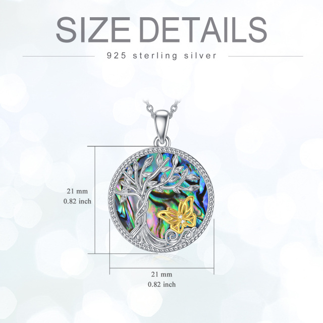 Sterling Silver Two-tone Circular Shaped Abalone Shellfish Butterfly & Tree Of Life Pendant Necklace-5