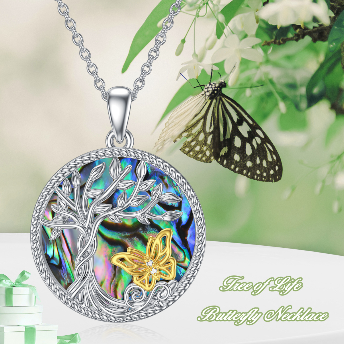 Sterling Silver Two-tone Circular Shaped Abalone Shellfish Butterfly & Tree Of Life Pendant Necklace-6