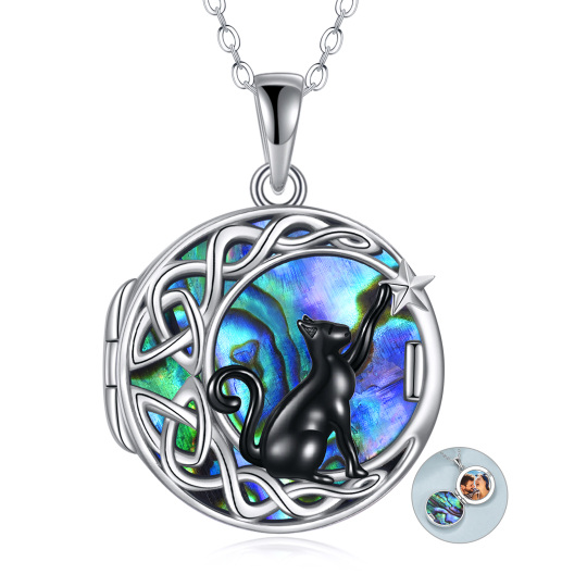 Sterling zilveren tweekleurige cirkelvormige Abalone schelpdieren kat gepersonaliseerde fotozakje ketting