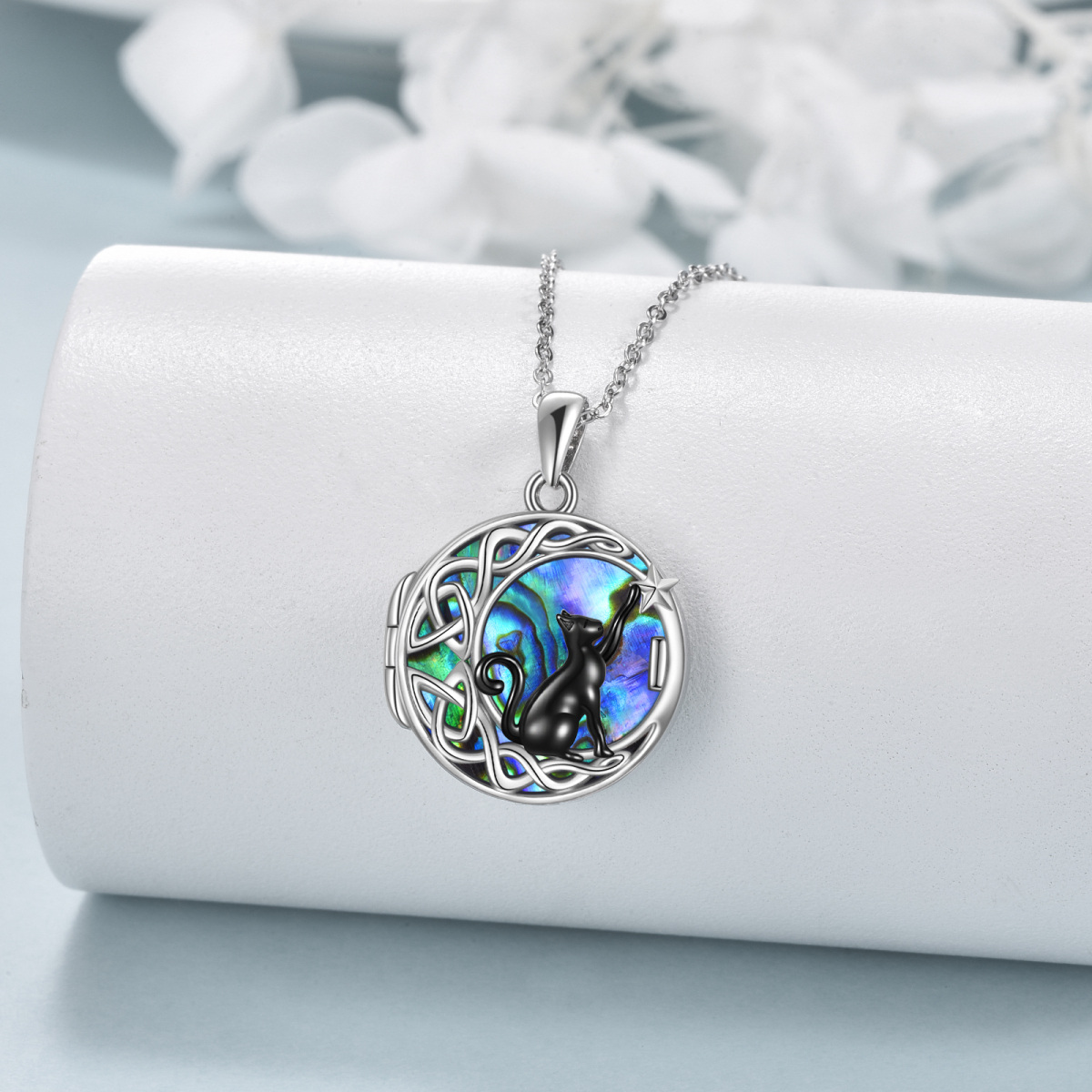 Sterling Silver Two-tone Circular Shaped Abalone Shellfish Cat Personalized Photo Locket Necklace-3