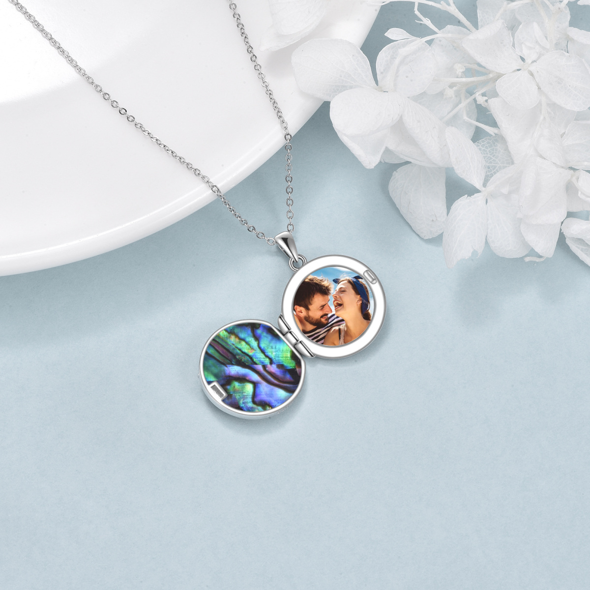 Sterling Silver Two-tone Circular Shaped Abalone Shellfish Cat Personalized Photo Locket Necklace-4