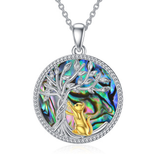 Sterling Silver Two-tone Circular Shaped Abalone Shellfish Cat & Tree Of Life Pendant Necklace-3