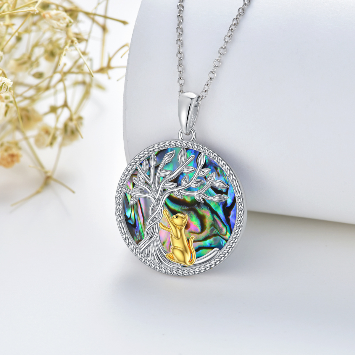 Sterling Silver Two-tone Circular Shaped Abalone Shellfish Cat & Tree Of Life Pendant Necklace-3