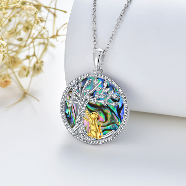 Sterling Silver Two-tone Circular Shaped Abalone Shellfish Cat & Tree Of Life Pendant Necklace-3