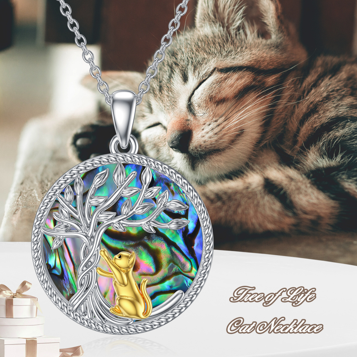 Sterling Silver Two-tone Circular Shaped Abalone Shellfish Cat & Tree Of Life Pendant Necklace-6