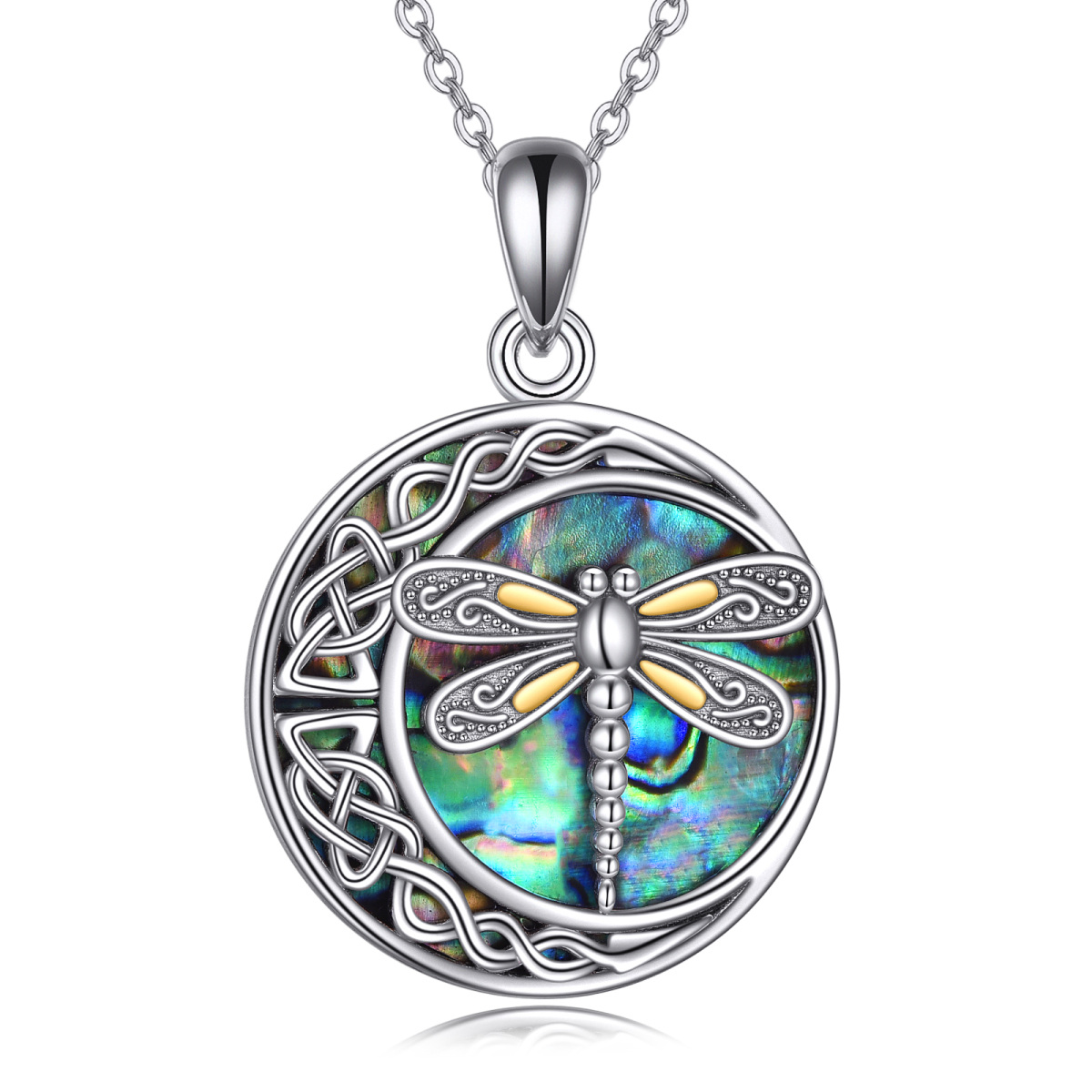 Sterling Silver Two-Tone Abalone Shellfish Dragonfly Celtic Knot And Moon Pendant Necklace For Unisex-1