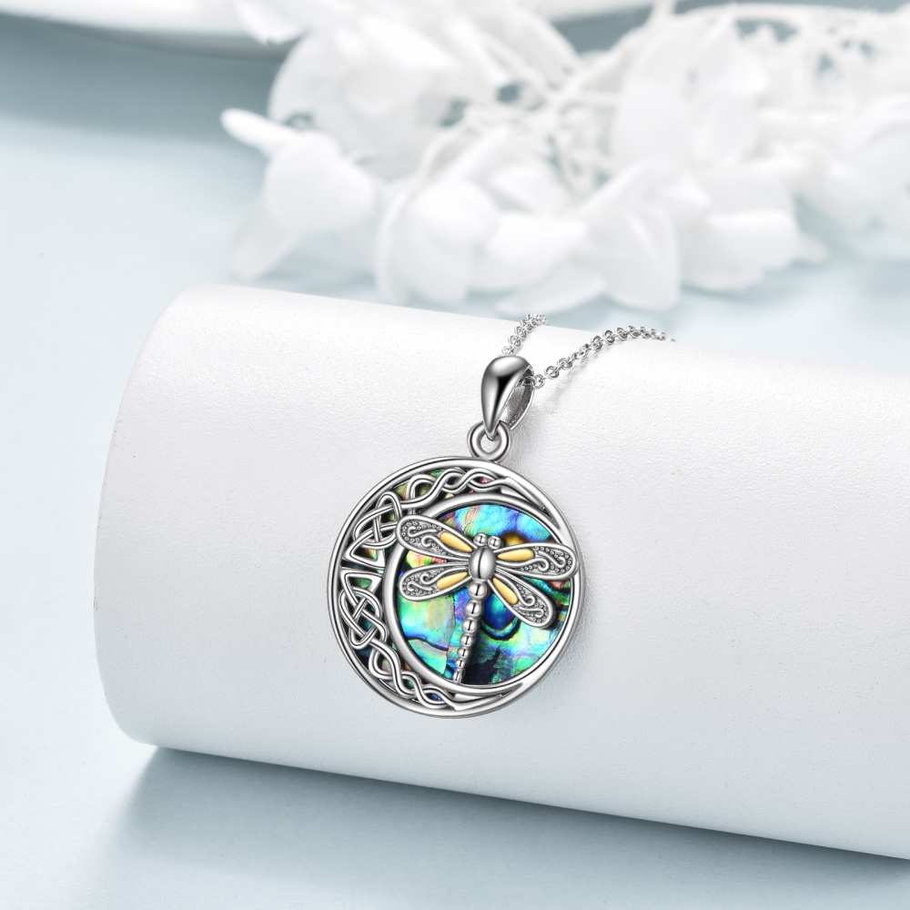 Zweifarbige Halskette mit Abalone-Schalentier-Libelle, keltischem Knoten und Mond-Anhänger aus Sterlingsilber für Unisex-3