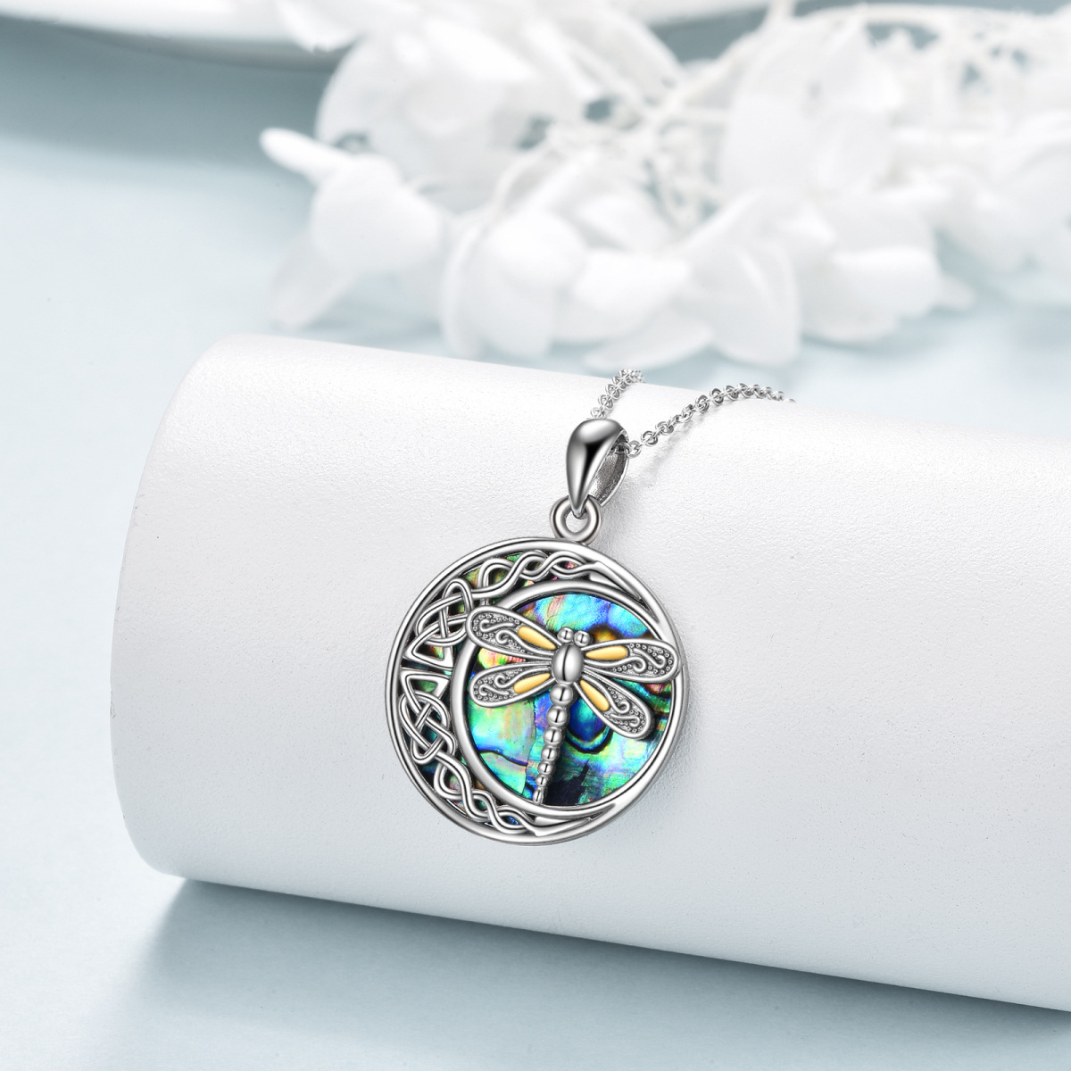 Sterling Silver Two-Tone Abalone Shellfish Dragonfly Celtic Knot And Moon Pendant Necklace For Unisex-3