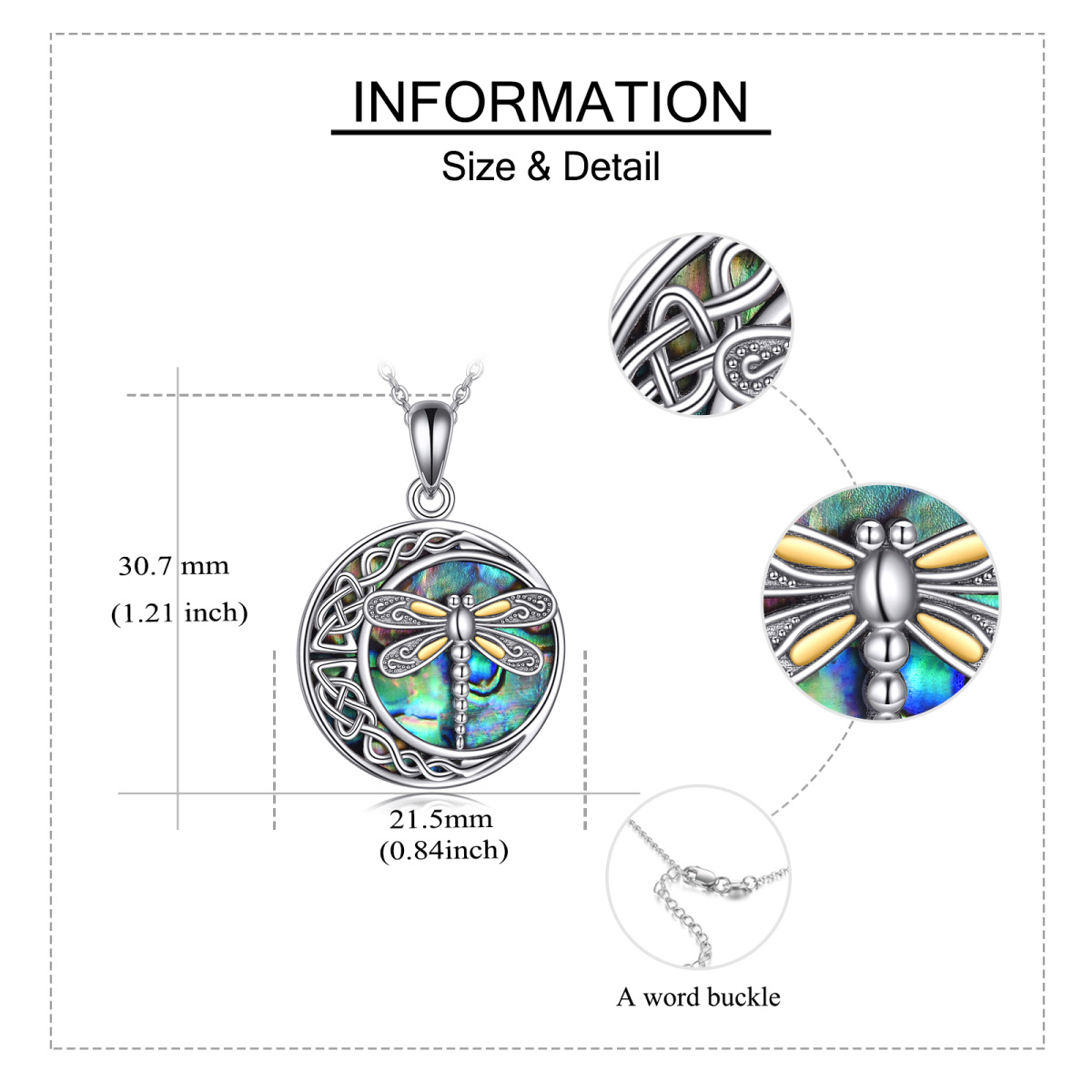 Sterling Silver Two-Tone Abalone Shellfish Dragonfly Celtic Knot And Moon Pendant Necklace For Unisex-5