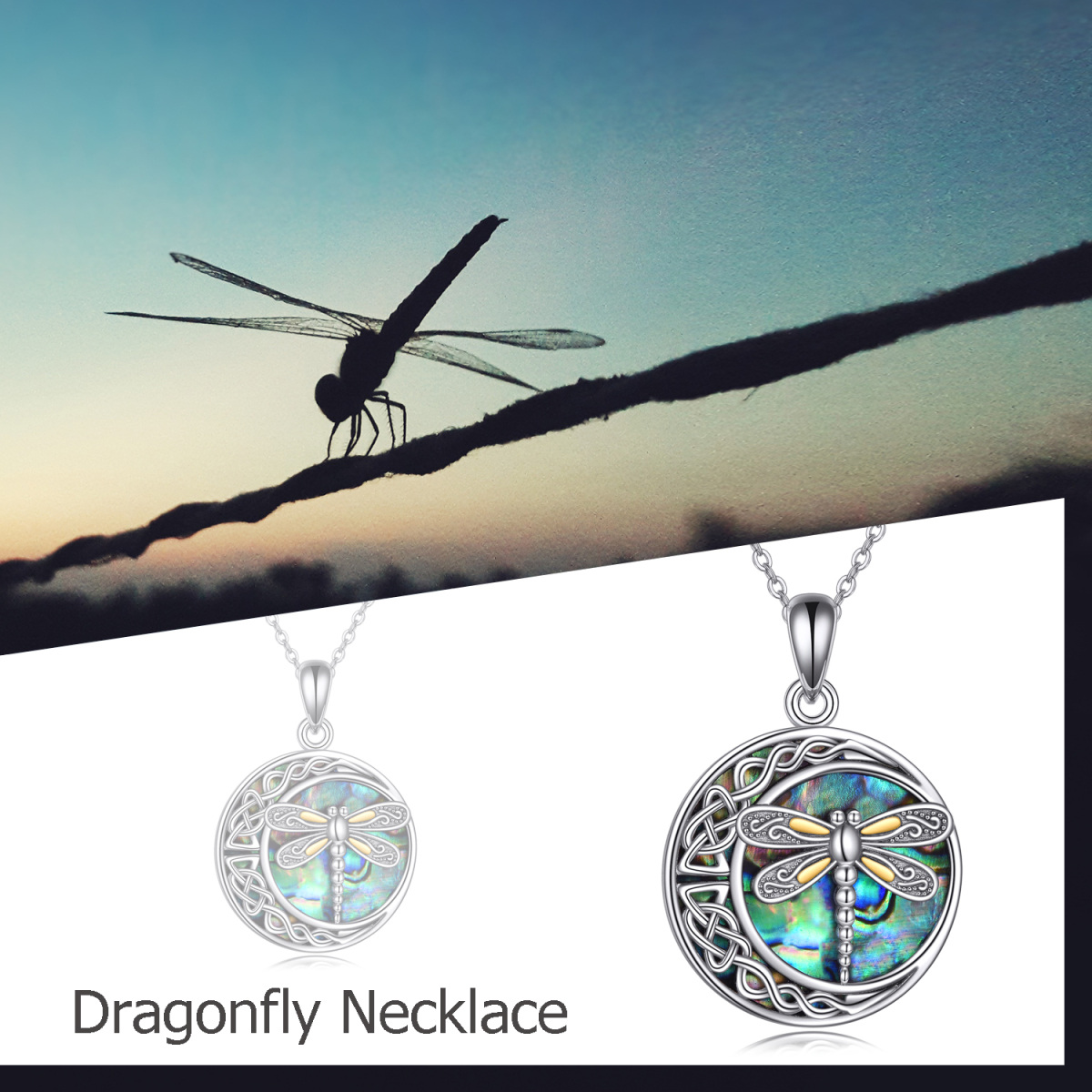 Sterling Silver Two-Tone Abalone Shellfish Dragonfly Celtic Knot And Moon Pendant Necklace For Unisex-6