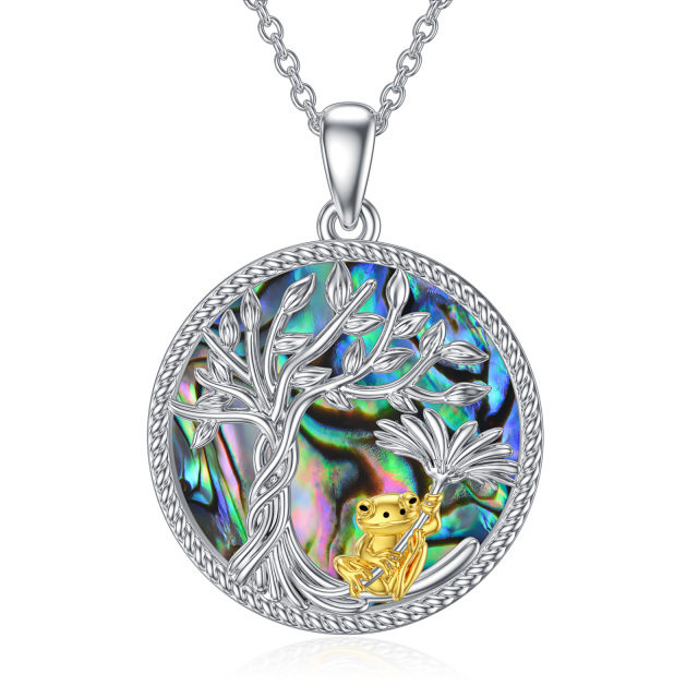 Sterling Silver Two-tone Circular Shaped Abalone Shellfish Frog & Tree Of Life Pendant Necklace-1