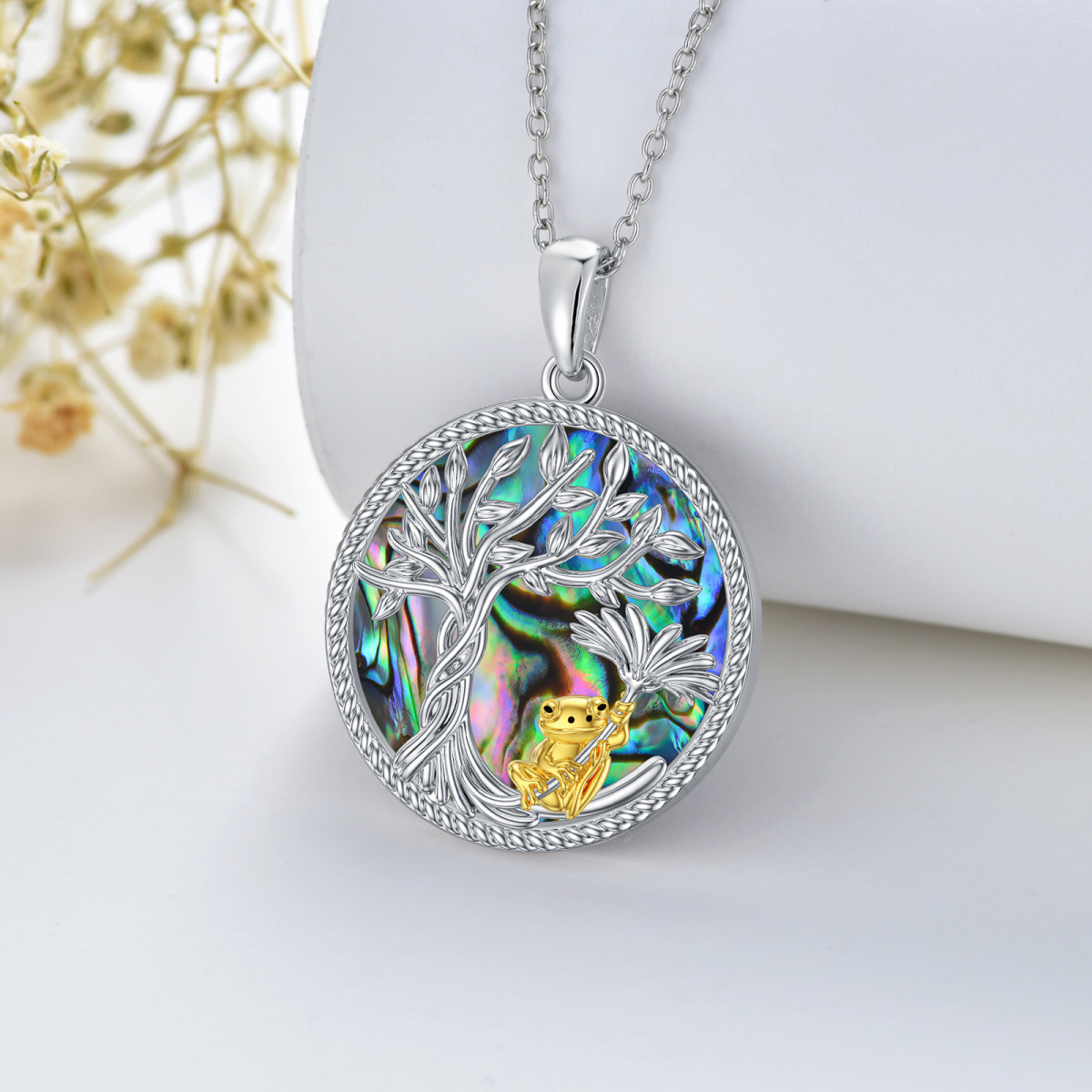 Sterling Silver Two-tone Circular Shaped Abalone Shellfish Frog & Tree Of Life Pendant Necklace-3