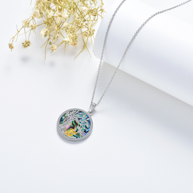 Sterling Silver Two-tone Circular Shaped Abalone Shellfish Frog & Tree Of Life Pendant Necklace-4