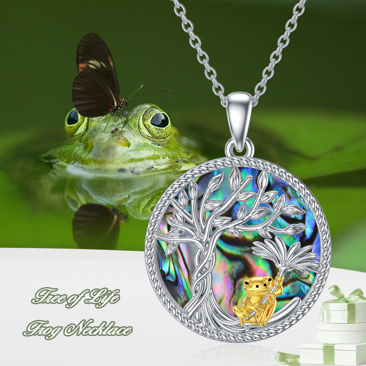 Sterling Silber zweifarbig kreisförmig Abalone Muscheln Frosch & Baum des Lebens Anhänger-6