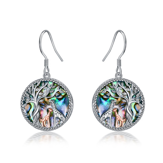 Sterling Silver Two-tone Circular Shaped Abalone Shellfish Giraffe & Tree Of Life Drop Earrings-1