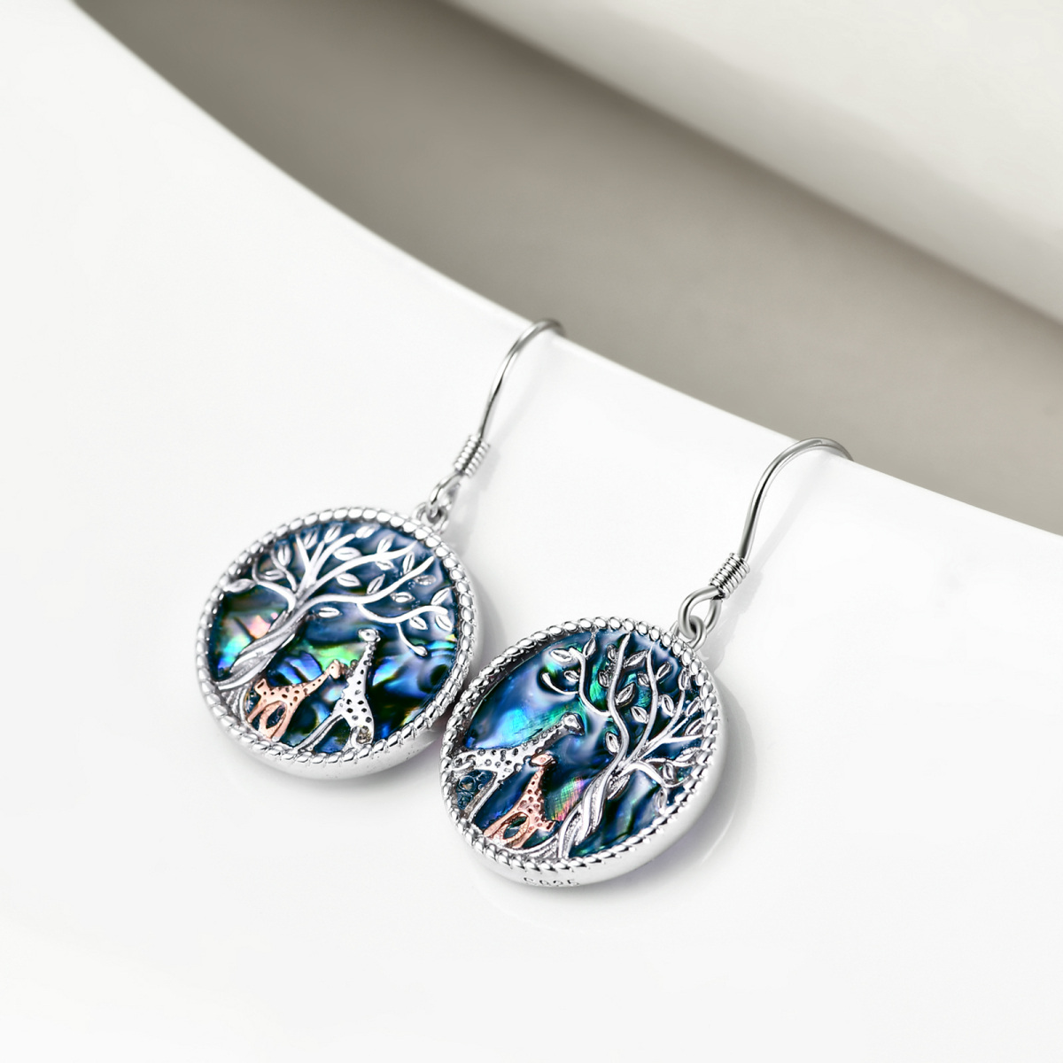 Sterling Silver Two-tone Circular Shaped Abalone Shellfish Giraffe & Tree Of Life Drop Earrings-3